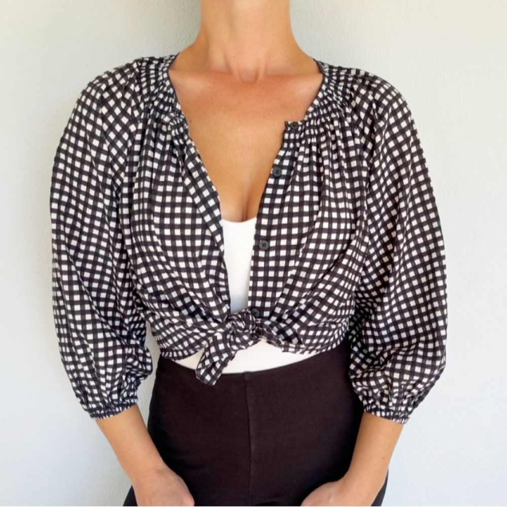 Tucker black white silk gingham plaid 3/4 sleeve button down blouse size XS